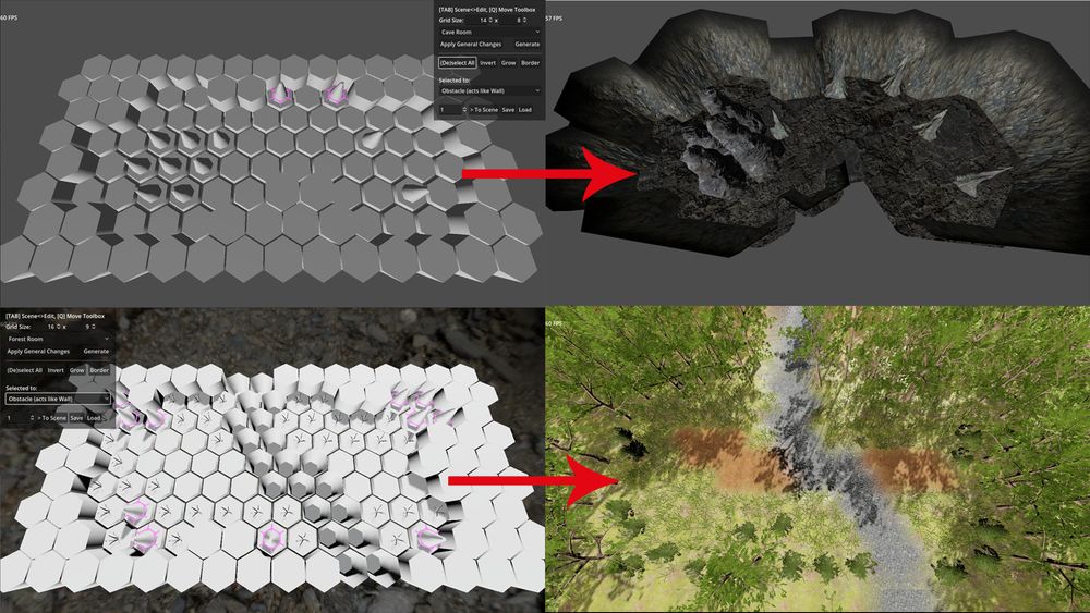 The image shows four images in a grid. Each row represents a map (made up of hexagonal tiles), with the left image showing the map editor view in greyscale with rough shapes representing objects, and the right image showing generated and textured 3D geometry. The top row is a "cave" scenario, while the bottom shows a forest.