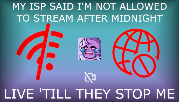 Text that reads the same thing as the status itself.  A crying mantis emoji is placed over the Twitch DC screen alongside symbology for disconnected internet and wifi.