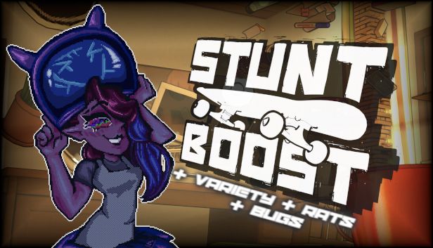 A retro looking room seems to be floating into the air in the background, with the logo for "STUNTBOOST," a tech deck skating game, overlaid.  The mantis, removing her spacesuit, stands opposite of it.  She looks hot as fuck.