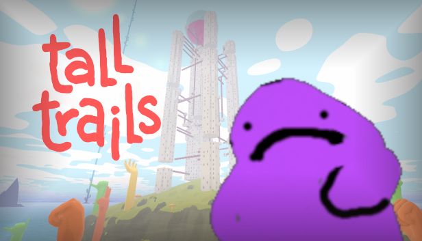 The amorphous blob of "Dave," who looks kind of like a Ditto from Pokemon, stands in front of the key art for Tall Trails alongside its logo.