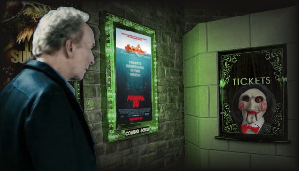 A greying, balding man faces to the right, his back to the camera.  He is wearing a sleek but thin leather jacket, with what appears to be a blue collared shirt below it.  This character's name is John Kramer.  John, who is better known by his alias 'Jigsaw,' is approaching a green-lit ticket booth at a cinema manned by an animatronic puppet with a round, bone white head featuring red spirals for cheeks and red lipstick.  His jaw is hinged in such a way that it is capable of movement, and he is wearing a dapper black suit and white shirt accented with a red bowtie.  Between the two of them is a poster for the movie "PIRANHA 3D," featuring a 'JAWS' style shot of both above and below water, where an unaware swimmer is floating just above a large school of piranha.  Behind John, obscured by his figure, is a second poster for what one must assume is another piranha-themed thriller.  One must assume Jigsaw's purpose here is to purchase a ticket to see the film "Piranha 3D," lampshading the obsession many people have with the funny way Tobin Bell - John's actor - says the word 'piranha' in the movie "SAW 6."