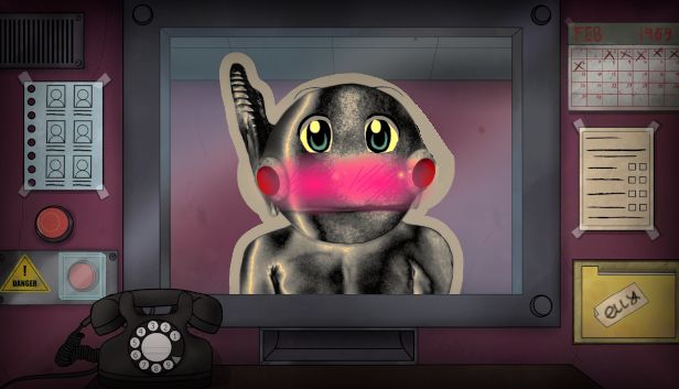 The interface of "That's Not My Neighbour," featuring a work desk divided by bulletproof glass.  On the other side is a suspiciously disguised Denba, most likely a mimic or monster of a kind trying to fool the implied player.