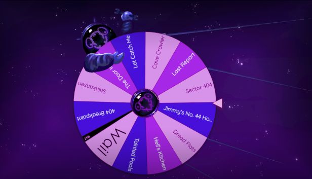 The mantis is perched awkward atop the roulette wheel featuring many game names, implying random selection.  She is attempting to hit it with a wrench, assumedly with the assumption it will help somehow. 