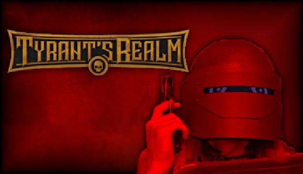 A stormy red background with gold text reading "TYRANT'S REALM" emblazoned with a skull.  A meme image of a man with an extremely heavy helmet and shield has been edited so that underneath the incredibly thin visor is the eyes of the spacemantis instead.
