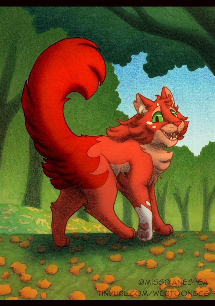 An orange cat with one white paw walks in a green forest. The ground is covered in small yellow flowers. A bit of the blue sky can be seen through the treetops.