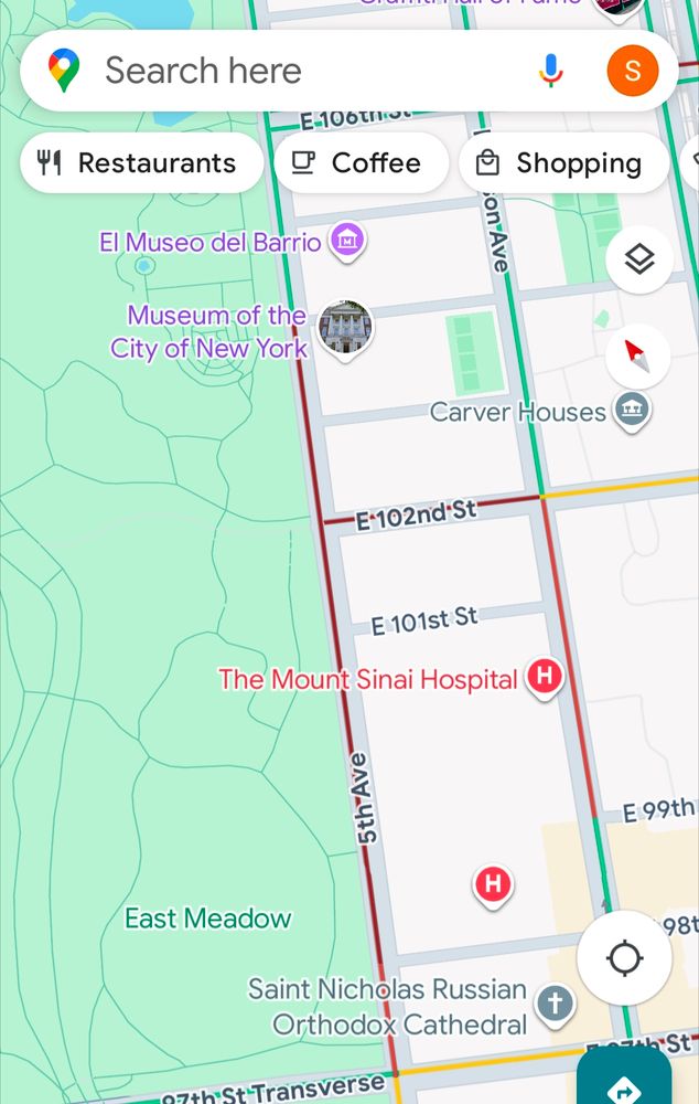 A screen shot of Google Maps showing that 5th Avenue is dark red by Mount Sinai Hospital, meaning the worst kind of traffic backup at 1:30pm.