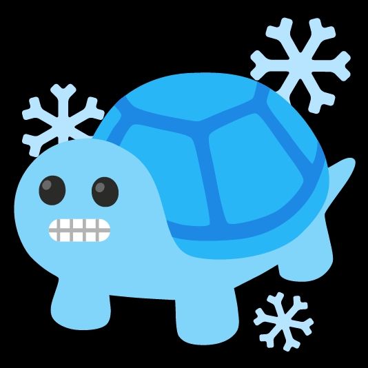A turtle emoji that has turned ice blue and is making a yikes face while surrounded by snowflakes
