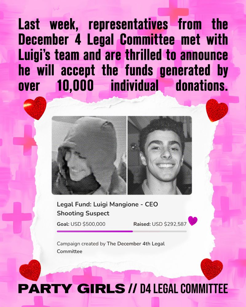 Las tweek, representatives from the December 4th Legal COmmittee met with Luigi's team and are thrilled to announce he will accept the funds generated by over 10,000 individual donations.