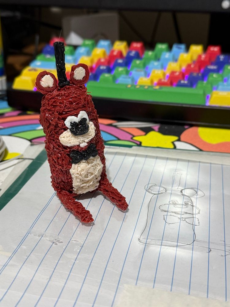 Very bad Freddy Fazbear made using a 3D pen. It is terrible and I fucking love him. 