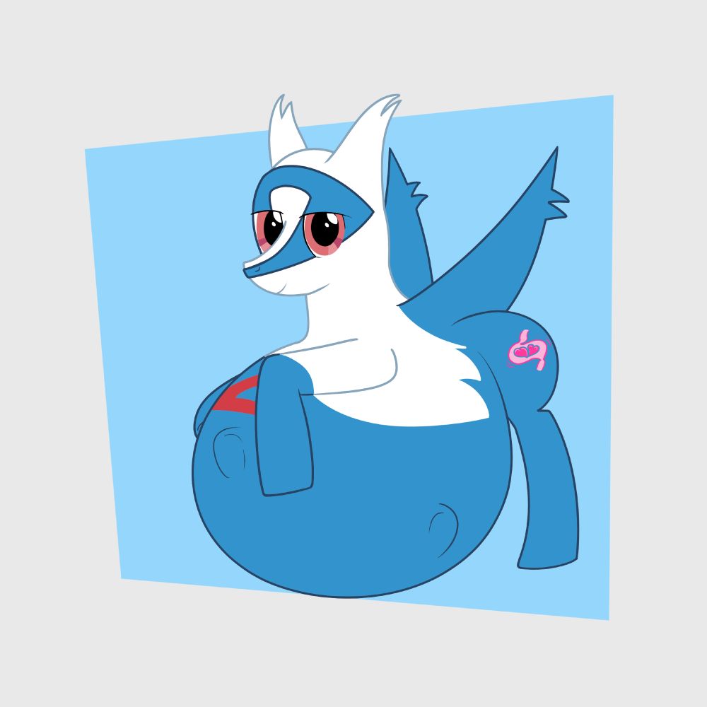 A My Little Pony Friendship is Magic-style Latios with a large belly containing struggling prey, who is leaving two hoof marks on the belly