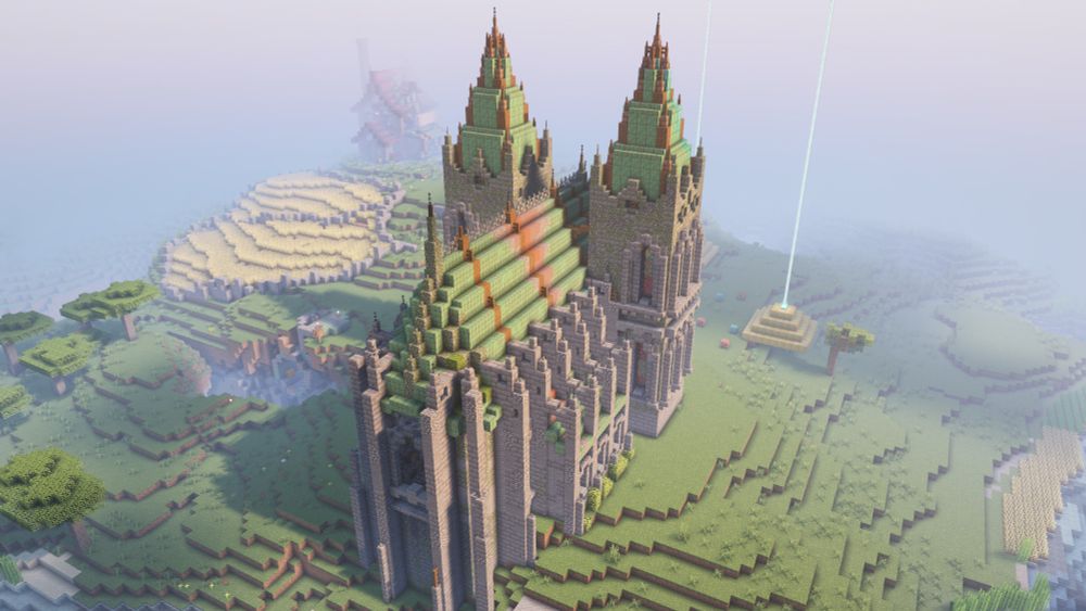 A Minecraft screenshot of a cathedral from in the air from the rear.