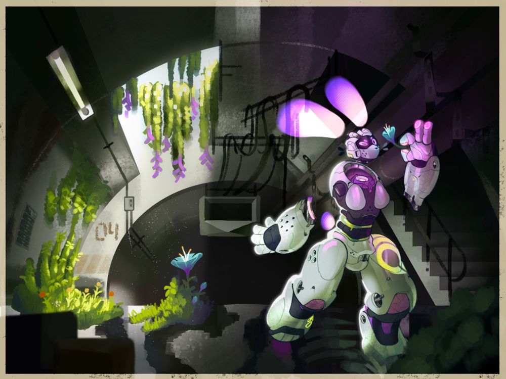 Painting of BNY, a robot character, walking through an abandoned service tunnel. Plants have overtaken a wall where sunlight regularly hits. BNY has picked one of the blooming flowers and is examining it.