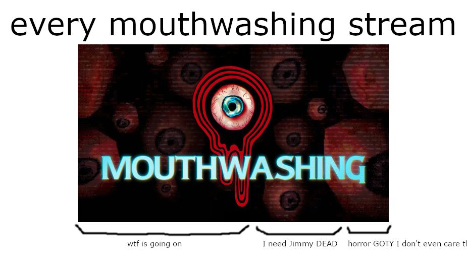 An image with the Mouthwashing logo divided into sections that says "every mouthwashing stream" across the top.  The sections are divided into "wtf is going on," "I need Jimmy DEAD," and "horror GOTY I don't even care th"