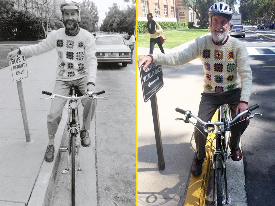 Donald Shoup on a bicycle in two photos decades a apart.  He is near a parking sign in both and wearing a crocheted sweater.