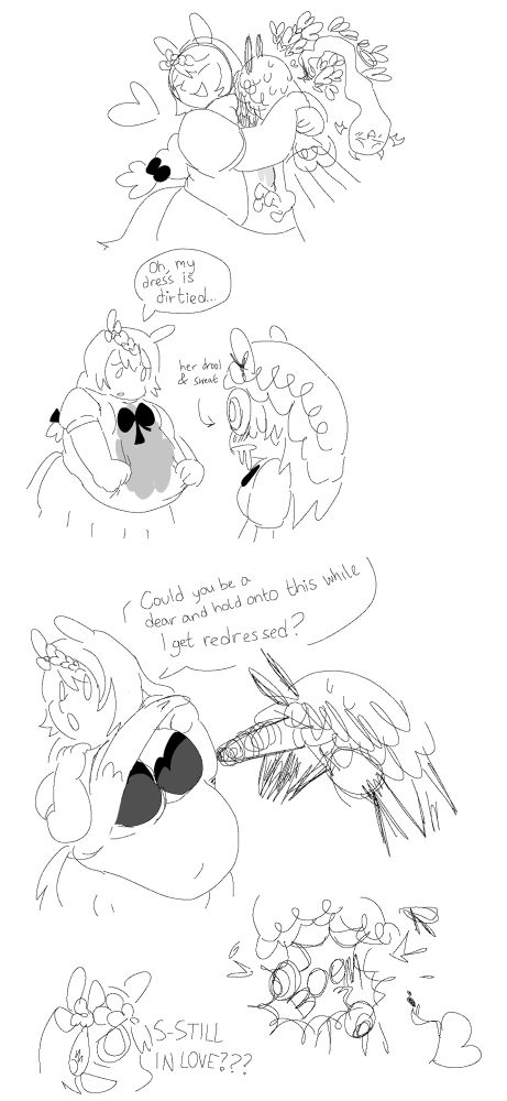 Another crudely drawn comic.

PANEL 1
Super Creek eagerly hugs Still in Love close to her chest. Still in Love is a sweating, blushing mess, paralyzed in her grasp. While Super Creek has a big heart near her, multiple, more clustered and chaotic looking hearts emanate from Still in Love. Her soul visually leaves her body, looking happy and pleased, but instead of rising upwards, it flies downwards with devil horns and bat wings.

PANEL 2
Their hug having ended, Super Creek looks down sadly at her dress, which is now damp. An arrow cites it as the result of Still in Love's sweat and drool. Still in Love stares at her, still sweating and blushing, though not nearly as much.

Super Creek: Oh, my dress is dirtied...

PANEL 3
Super Creek starts taking off her dress, exposing her stomach and breasts in front of Still in Love, who visually reacts intensely to the site, being hardly comprehensible scribbles.

Super Creek: Could you be a dear and hold onto this while I get redressed?

PANEL 4
Still in Love's head explodes violently, shooting out her eyes, shrapnel, and somehow her heart. Super Creek looks on in disbelief with a large sweat drop.

Super Creek: S-STILL IN LOVE???