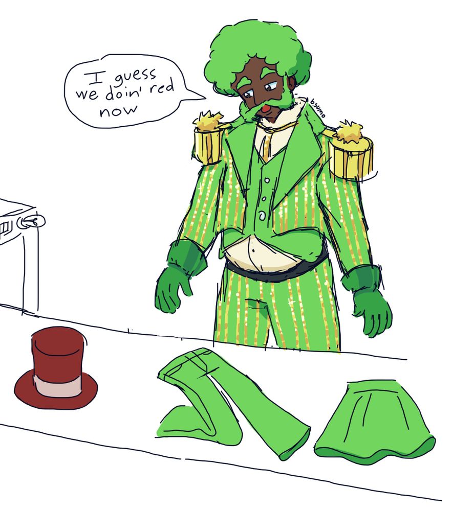Image: Fanart of The Wiz (1978). An Emerald City Guard stares at a conveyor belt of clothes. All are green, except for the newest one, which is red. The guard says "I guess we're doin' red now."