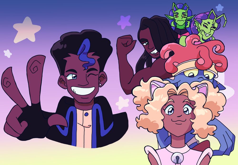 Image: A picture of zombiebass's original character, Ishmael, winking and giving a peace sign. Beside him is his crew. From bottom to top: Cynthia, Xander, Kaneeka, Syn'del, and Rai'Xir.