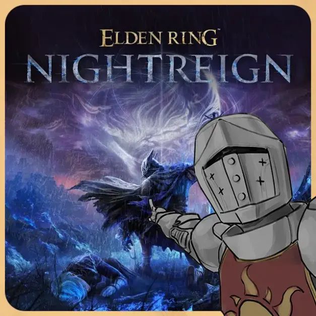 Image is of "Elden Ring: Nightreign" poster with Sir Greaves sticking in from the lower-right, pointing excitedly at the poster.