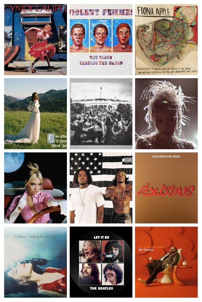 Album covers for: Cyndi Lauper: She's So Unusual; Violent Femmes: The Blind Leading the Naked; Fiona Apple: The Idler Wheel is Wiser; Laufey: Everything I Know About Love; Kendrick Lamar: To Pimp a Butterfly; Miley Cyrus: Something Beautiful; Dua Lipa: Future Nostalgia; Outkast: Stankonia; Bob Marley: Exodus; PJ Harvey: To Bring You My Love; The Beatles: Let it Be: Teddy Swims: I've Tried Everything But Therapy