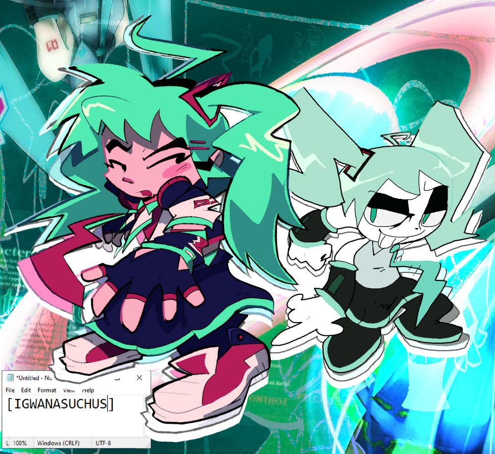 as a final sendof(LIE maybe)f to my artfight 2025 run, two hatsune mikus... mikus? miki? the hatsunes ig, ngl i did fear that the one on the left bcuz i thought sketching out and drawing every bit of detail would make me go past the end-date but thankfully it didn't :D

man what a familiar pose, i wonder where that's from? 