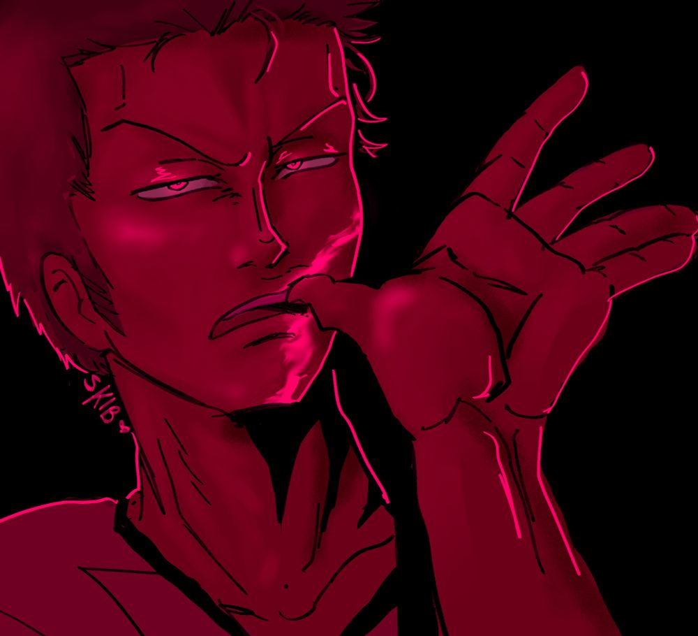 Zoro smearing blood from his upper lip with his thumb
The blood and his eyes grow bright pink compared to the rest of the picture 