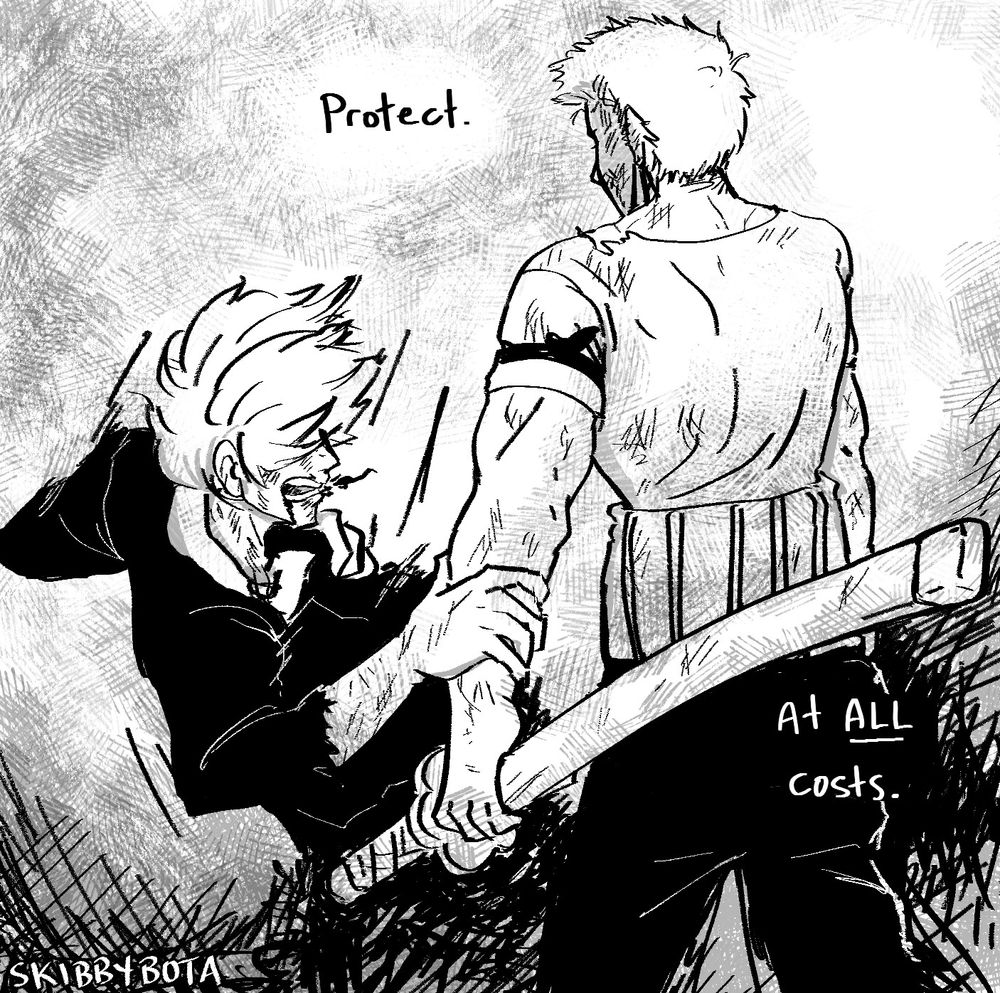 The final panel is the scene from Thriller Bark.
Zoro has knocked Sanji in the side with the hilt of his sword to stop him sacrificing himself. Sanji tries to grab Zoro's arm but falls unconscious. The text reads "Protect." "At ALL costs."
The scene ends in scratchy darkness beginning to take over.