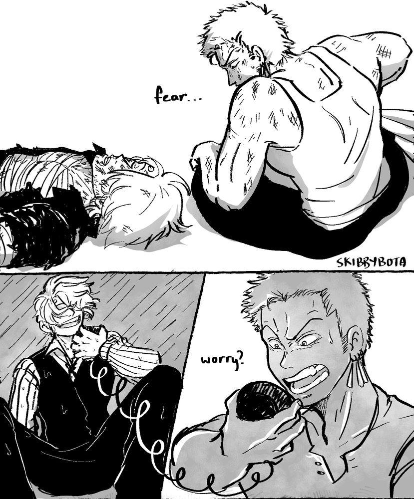 The next panel a beaten up Zoro looks at unconscious Sanji during Skypiea. Sanji is knocked out from attacks from Enel and lies motionless and wrapped in bandages. The text say "fear..."
The next panel is from Water 7 where Sanji plans to launch an attack alone and Zoro tells him to wait. Sanji playfully asks if Zoro is worried about him. The text says "worry?" With Zoro's alarmed face yelling at the receiver.