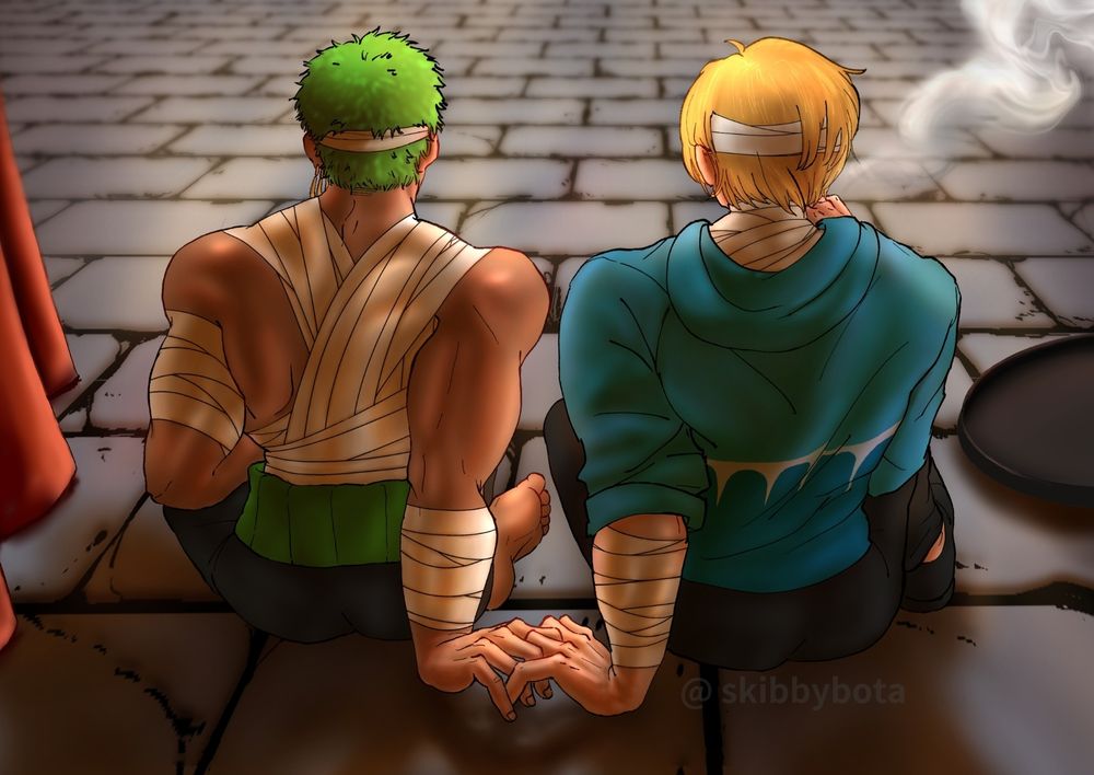 Zoro and Sanji sitting beside each other after the events of Thriller Bark.
Sanji placed his serving tray to the side to sit beside Zoro, both of them heavily bandaged.
Neither of them look or acknowledge but their hands brush and fingers become intertwined to share a small silent moment between them.
The loud boisterous energy of the party around them quiets to dull background noise as all they can think about is their nakama beside them, alive.
Thank goodness