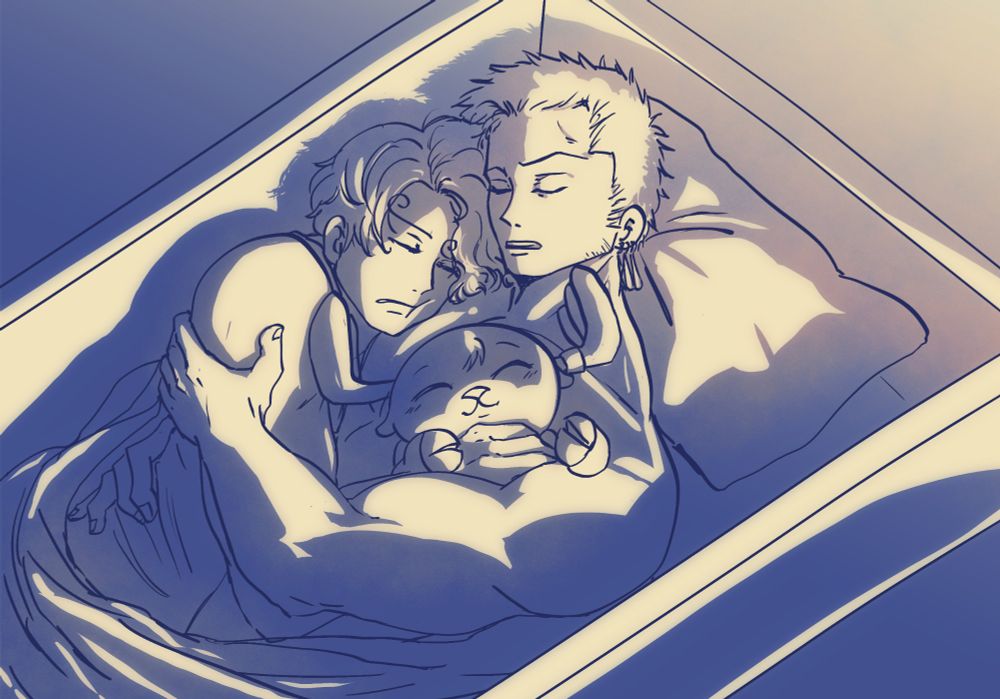 As the sun begins to rise, Sanji and Chopper are comfortably tucked into Zoro's chest, all sleeping soundly. Chopper feels safe.