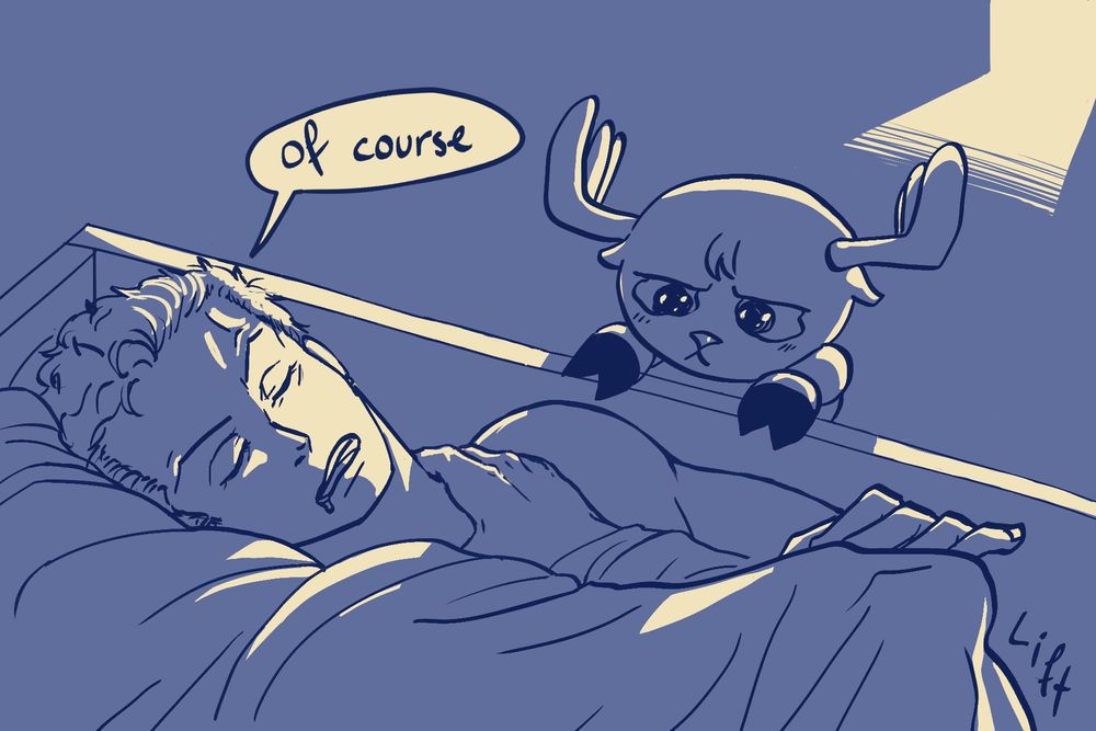 "Of course" he replies to Chopper and begins to lift the blankets and make room.