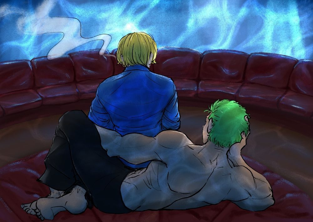 Zoro and Sanji sharing a quiet moment together alone in the aquarium
The lights are off and the glow from the water is cast all around the room.
Zoro lounges on the middle seat (that I don't think exists in this room, I can't say I fact checked the layout way back when I made this 😂)
And Sanji sits in front of him, the smoke from his cigarette wafting in the air and he turns his head slightly towards Zoro.