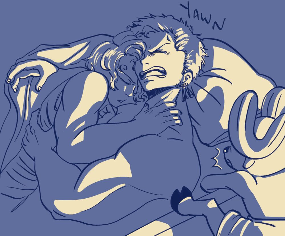 Zoro yawns hard and lifts the blanket while Chopper begins to climb the bunk. Under the blanket reveals Sanji tucked under Zoro's arm, his arms previously around him. Chopper is surprised but not all that fussed.