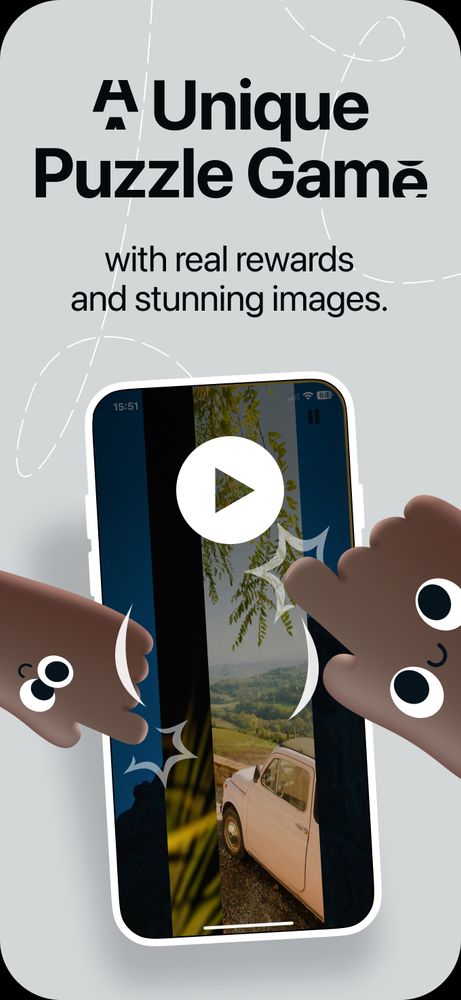 PixPuzz app mockup with animated hands pointing at a partially solved photo puzzle. Text reads: ‘A Unique Puzzle Game – with real rewards and stunning images.’ A central play button suggests video or demo.