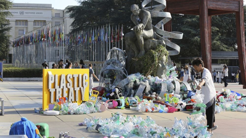 As nations began a second week of negotiations Monday for a global accord to end plastic pollution, an artist heaped piles of plastic waste onto a large sculpture in front of the United Nations office...