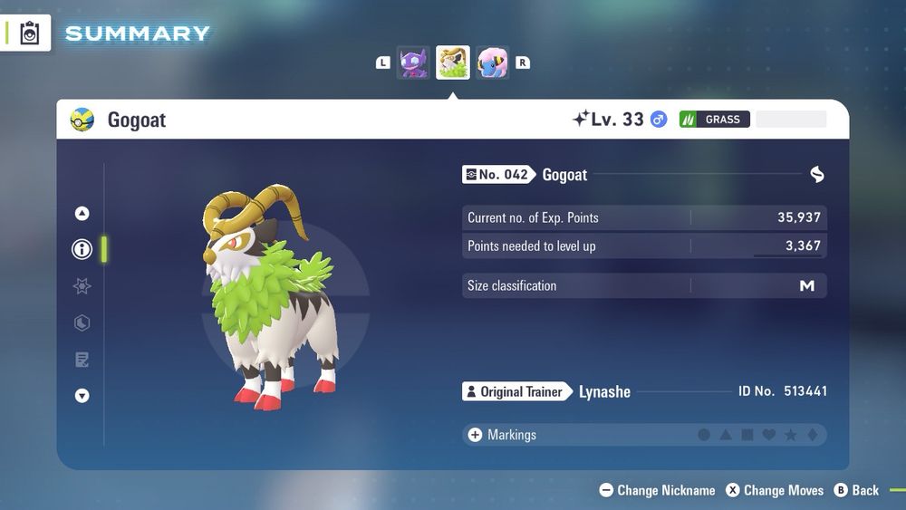 the same shiny gogoat in the stats screen after being caught