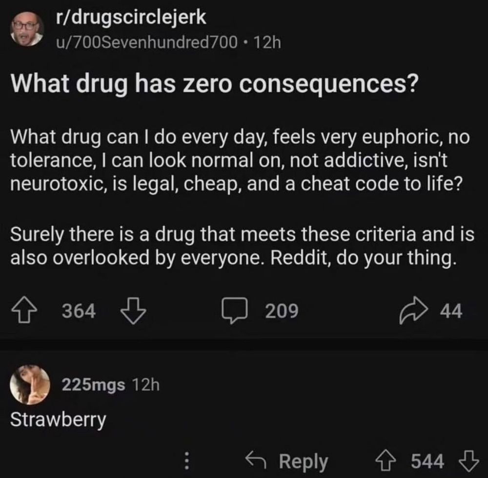 a Reddit post saying “what drug has zero consequences? what drug can i take every day, feels very euphoric, no tolerance, i can look normal on, not addictive, isnt neurotoxic, is legal, cheap, and a cheat code to life? surely there is a drug that meets those criteria and is also overlooked by everyone.”

the first reply says “strawberry”