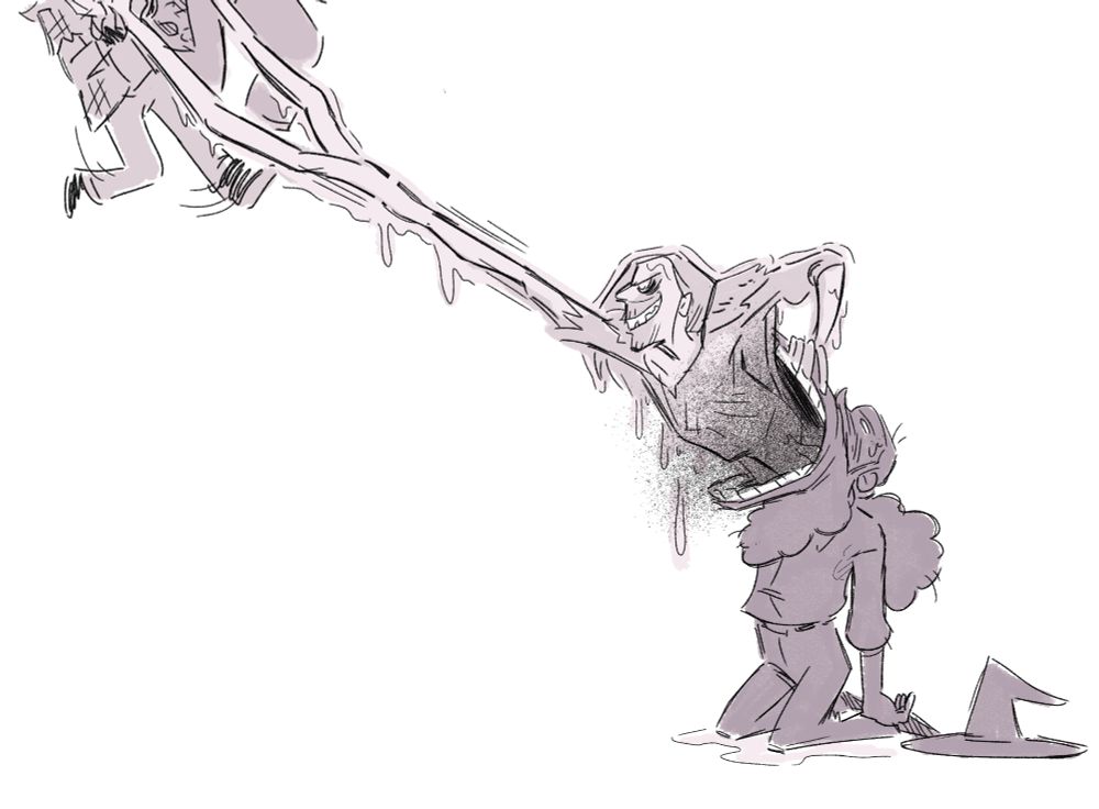 A flatted drawing atop a light grey background. The Birthday Wizard kneels on the ground, mouth stretched unnaturally open like a la the Maitlands in Beetlejuice, with the KoL emerging from static inside. One arm reaches unnaturally far, dividing into two, holding up Lodi and Saturn by their throats, cropped to only see their legs frantically dangling.

Dontcha just hate it when the baddie uses your friend as a meat suit?