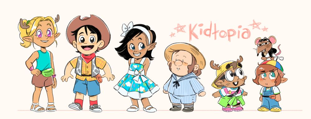 The Bone Squad embracing their chibified forms post fashion-montage. Lil Darsi has a teal tank top, brown shorts, and fanny pack of holding. Lil Jonathan’s outfit is reminiscent of Woody from Toy Story, with an added fanny pack. Lil Piper has a white bow in her hair and wears a blue kite-patterned dress. Lil Robertcat is sailor boy. Lil Noname has on a striped shirt with a green sweater tied around the waist, as well as a backwards yellow hat with antlers on it. Lil Rollo had the gang pick out their outfit: a propeller beanie, overalls, crocs, Darsiland t-shirt, and fanny pack. Lil Tom is giving his best Rizzler face in a black leather varsity jacket.