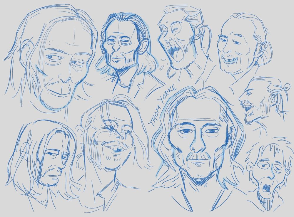 Blue lines atop a light grey background. Various studies from photos of musician Thom Yorke. (And one Family Guy depiction in the bottom corner.) 