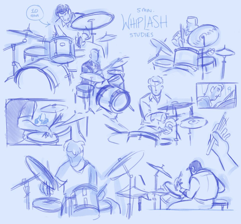 studies drawn while watching Whiplash: six rough sketches of drummer Andrew, plus two storyboard recreations and a hand close-up, all done with a low-opacity blue brush and on a light blue background