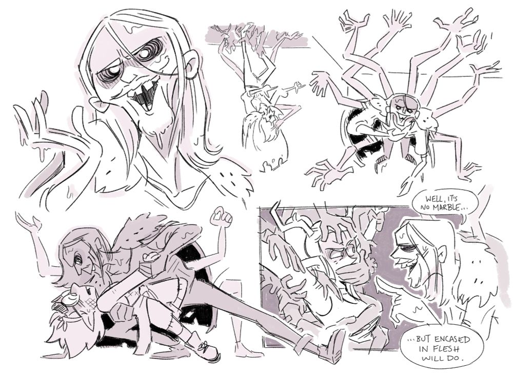 The top row features various grayscale doodles of the King of Limbs: a bust shot where one hand is raised, a sketch of him dancing upside down on the ceiling with multiple hands clutching him for support, a sketch of him dangling from the ceiling with multiple arms protruding from him all spider-like. 

Bottom left: KoL holds Noname in a low tango dip, excited to be dancing again, even if the teen is just distracting him.

Bottom right: KoL gestures at teen Darsi, propped up crucifix-style by a mast of detached hands, one covering her mouth. He says, “Well it’s no marble…but encased in flesh will do.” (In reference to a years old moment in the main game.)