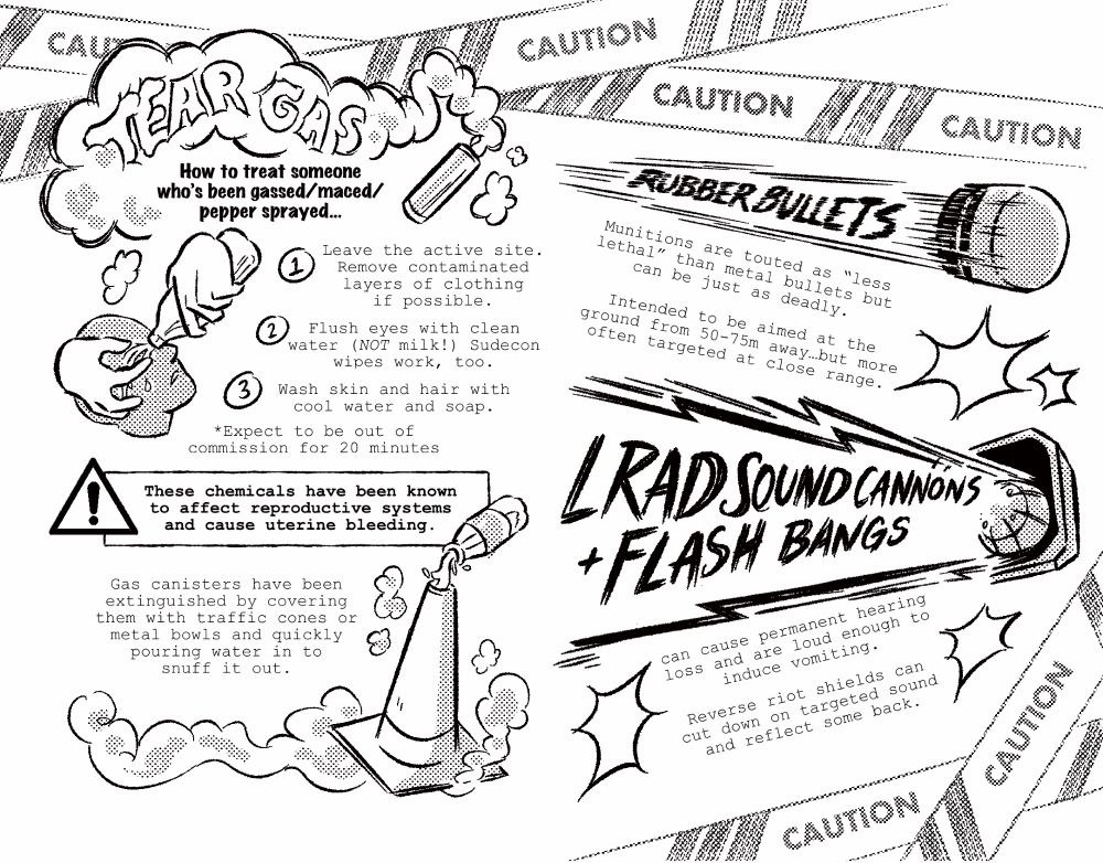 A spread from one page zine printout featuring the hazards of protest opposition, including tear gas, rubber bullets, and LRAD sound cannons and flash bangs. Caution tape images accompany the text explaining the dangers of each, how to flush out eyes that have been maced/etc, and how to extinguish a gas canister with a traffic cone.