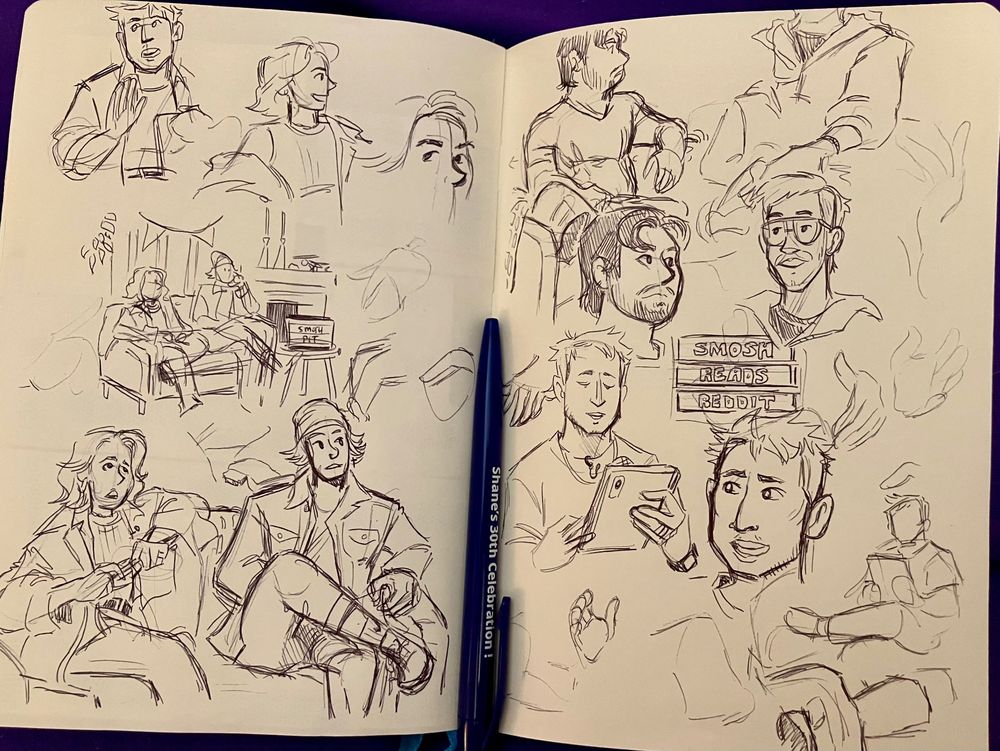 A photo of a sketchbook spread with a bunch of messy black pen sketches of Shayne, Damien, Tommy, Courtney, and Trevor from Smosh (specifically the Bullying and Red Flags reddit story videos). They range from headshots to folks sitting in the couch to hand close ups to Shayne reading from his iPad.