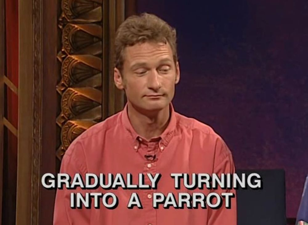 A screenshot of Ryan Stiles with the text "Gradually Turning into a Parrot"