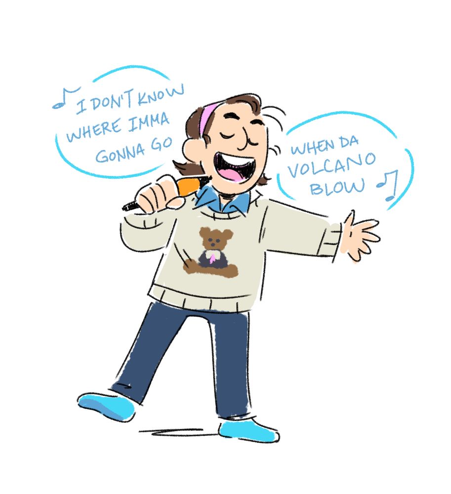 a colored doodle of Alex, wearing a big cream sweater with a teddy bear on it, pulled over a denim collared shirt and dark jeans. she's singing into her cintiq stylus "I don't know where Imma gonna go when da volcano blow" from Jimmy Buffet's song Volcano