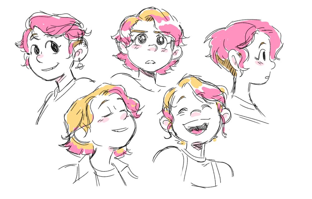 rough digital headshot sketches of Alex's OC Zee with five short hairstyles dyed pink in some variety