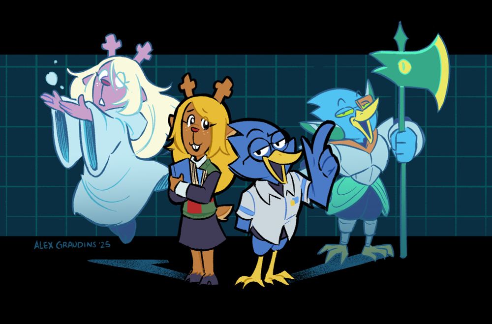 fanart of Noelle, a blonde deer girl, and Berdly, a nerdy blue bird, from Deltarune, with their chapter 2 Dark World designs behind them in blue tint against a greenish blue grid