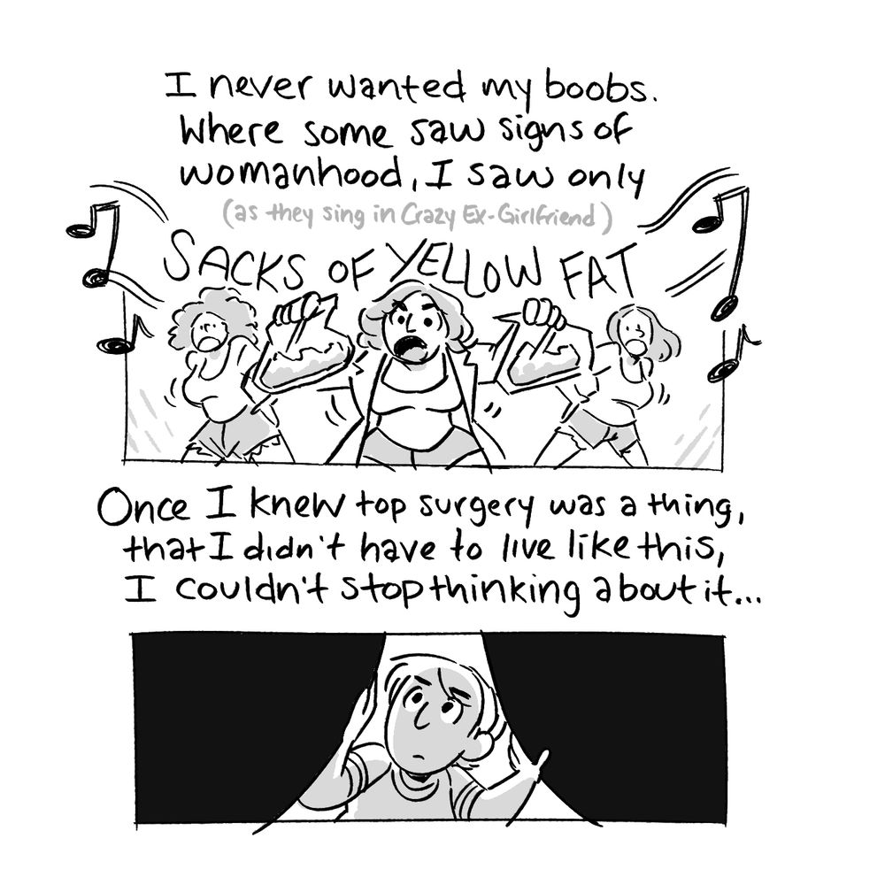 Two grayscale comic panels.

A recreation of the Heavy Boobs music video from CExGf: Rachel Bloom holds up two big bags. Backup dancers bounce their cleavage.
“I never wanted my boobs. Where some saw signs of womanhood, I saw only (as they sing in Crazy Ex-Girlfriend) SACKS OF YELLOW FAT”

Alex pushes her way through two dark blobs.
“Once I knew top surgery was a thing, that I didn’t have to live like this, I couldn’t stop thinking about it…”
