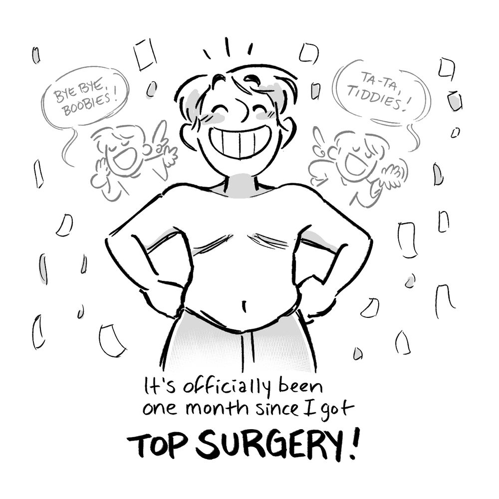 Grayscale comic panel. Alex grins, hands on her hips, with top surgery scars on her bare chest. Confetti rains down. Behind her are two angel personas saying, “Bye bye, boobies!” “Ta-ta, tiddies!”
“It’s officially been one month since I got TOP SURGERY!”
