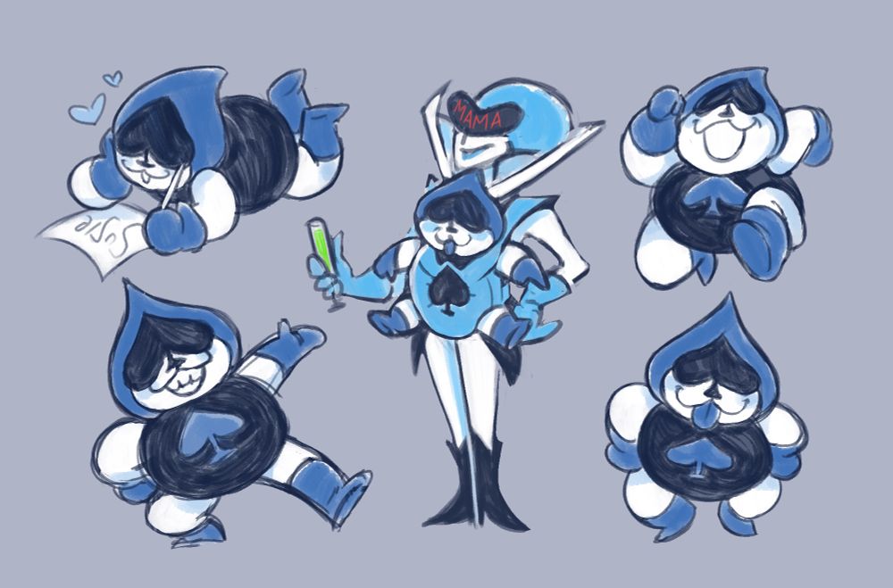 several sketchy rough-colored drawings of Lancer from Deltarune—dreamily scribbling Susie’s name, running, standing in a jaunty pose, squatting with his tongue out, and sitting in a little baby carrier worn by Queen, whose screen eyes say “MAMA”